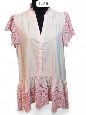Koko + Mason Women's Pink Eyelet Sleeve Peplum Top L